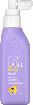 Neboa Kids fioletowy spray do włosów, mieniący, o zapachu landrynek, ułatwia rozczesywanie, widok z przodu.