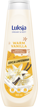Luksja Creamy & Soft Warm Vanilla płyn do kąpieli, 900 ml, kremowa butelka z grafiką wanilii, widok z przodu.