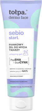 Tołpa dermo face sebio start piankowy żel do mycia twarzy, fioletowa tubka z PepBHA, biała nakrętka, widok z przodu.