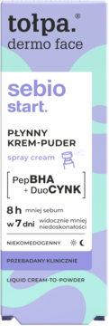 tołpa. dermo face sebio start. płynny krem-puder z PepBHA i DuoCYNK, matujący, fioletowe opakowanie, widok z przodu.