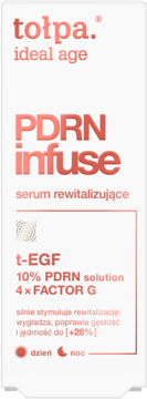 Tołpa Ideal Age PDRN Infuse serum rewitalizujące w białym opakowaniu z różowymi napisami, widok z przodu.