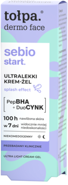 tołpa. dermo face sebio start ultralekki krem-żel w biało-fioletowym pudełku, z PepBHA + DuoCYNK.