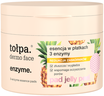 Tołpa dermo face enzyme. esencja w płatkach, beżowy słoik z ananasem, redukcja zaskórników, widok z przodu.