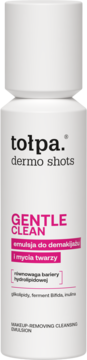 Biała butelka emulsji Tołpa Dermo Shots Gentle Clean z różowymi napisami, widok z przodu.