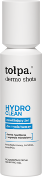 Biała butelka tołpa. dermo shots HYDRO CLEAN, nawilżający żel do mycia twarzy z kwasem hialuronowym, widok z przodu.