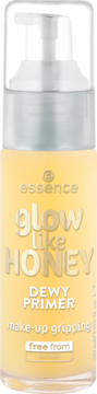 essence Glow Like Honey Dewy Primer, żółta butelka z pompką, widok z przodu, make-up gripping.