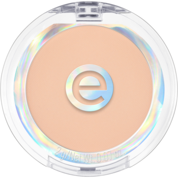 essence puder matujący, jasny beż, w okrągłym, irydowym opakowaniu z logo 'e'. Widok z przodu.