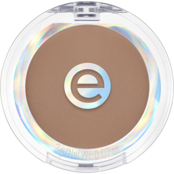 Okrągły bronzer do twarzy Essence w kompakcie, matowy brąz, przezroczyste wieczko, holograficzne logo e.