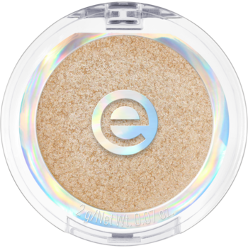 Złoty rozświetlacz Essence w okrągłym, przeźroczystym opakowaniu z hologramowym logo i obramowaniem, widok z góry.