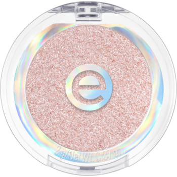 Okrągły rozświetlacz essence, jasnoróżowy, brokatowy, w otwartym, przezroczystym kompakcie z iryzującą obwódką.