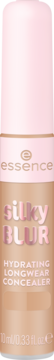 essence silky BLUR Hydrating Longwear Concealer w beżowo-różowej butelce, widok z przodu, z różowym napisem silky BLUR.