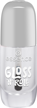 Transparentny żelowy lakier do paznokci Essence GLOSS 'N' ROLL w butelce z srebrną nakrętką, widok z przodu.