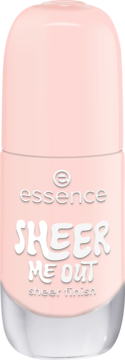 Lakier do paznokci essence 04 SHEER ME OUT o delikatnym brzoskwiniowym kolorze i efekcie sheer finish, widok z przodu.