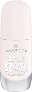 Lakier Essence 05 Sugar Blush w jasnoróżowej butelce, żelowy połysk, widok z przodu z napisem "sheer finish".