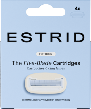 Estrid Five-Blade refill cartridges, 4x, in light blue packaging with a beige five-blade cartridge, top view.