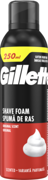 Gillette Regular pianka do golenia 250ml w czarnej puszce z czerwonym dołem, z widoczną białą pianą, frontalny widok.