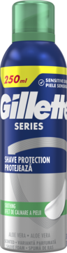 Pianka do golenia Gillette Series Shave Protection z aloesem 250ml, niebieska puszka z zieloną zakrętką, widok z przodu.