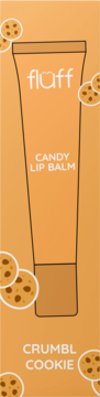 Fluff Candy Lip Balm Crumbl Cookie w pomarańczowej tubce, na tle z ciasteczkami.