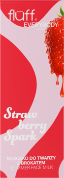 Fluff Strawberry Spark Shimmer Face Milk, różowo-czerwone opakowanie z truskawką i kroplami, widok z przodu.