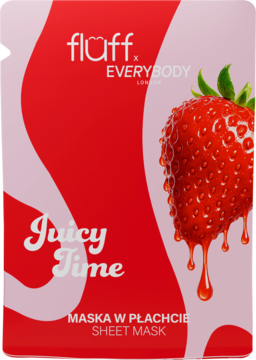 Maska w płachcie Fluff Juicy Time. Czerwono-różowa saszetka z soczystą truskawką i białym napisem.