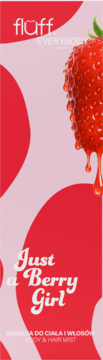 Fluff Just a Berry Girl mgiełka do ciała i włosów na różowo-czerwonym bannerze z kapiącą truskawką.