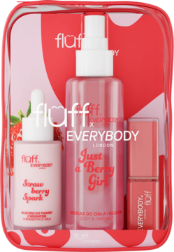 Zestaw Fluff Everybody Strawberry Spark i Just a Berry Girl, różowe kosmetyki w przezroczystym etui z czerwonym sercem.