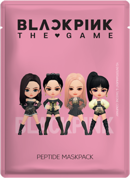 BLACKPINK THE GAME Peptide Maskpack, różowe opakowanie z figurkami chibi członkiń zespołu na froncie.