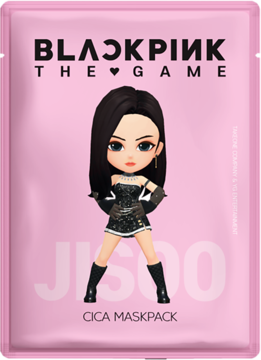 Różowa maska w płachcie BLACKPINK THE GAME CICA MASKPACK, z kreskówkową postacią Jisoo, widok front.