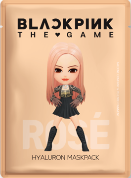 Różowa maseczka BLACKPINK THE GAME Hyaluron Maskpack Rosé z grafiką postaci chibi na froncie.