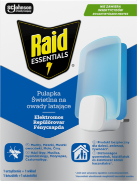 Raid Essentials Pułapka Świetlna na owady latające. Niebiesko-szare opakowanie z wtyczką w kształcie lampki, biało-błękitną.