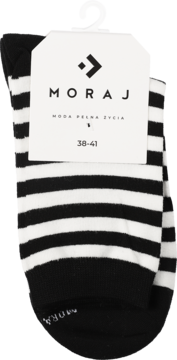 Długie skarpety damskie Moraj w czarno-białe paski, z widoczną białą metką i rozmiarem 38-41, ułożone pionowo.