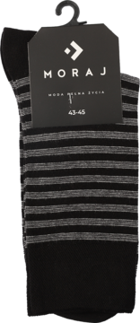 Złożone długie skarpety męskie MORAJ w czarno-szare paski, z metką rozmiaru 43-45, na wieszaku.