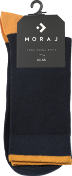 Granatowe długie skarpety męskie Moraj z musztardowym mankietem i palcami, zapakowane, rozmiar 43-45.
