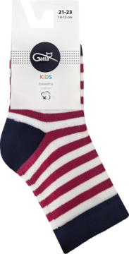 Skarpeta Gatta KIDS w biało-bordowe paski, z granatowym noskiem i piętą, złożona z etykietą rozmiaru 21-23.