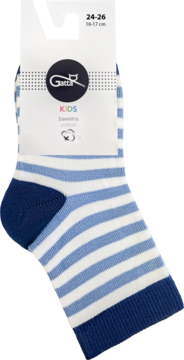 Skarpetka dziecięca Gatta KIDS, biała w jasnoniebieskie paski, granatowy ściągacz, na tekturowej zawieszce.