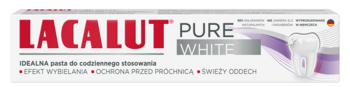 Lacalut Pure White pasta wybielająca do zębów, 98% naturalnych składników, białe opakowanie, widok z przodu.