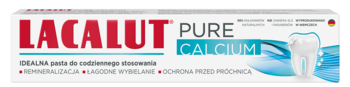 Pasta do zębów Lacalut Pure Calcium, białe opakowanie z czerwonym logo, turkusowymi elementami i grafiką zęba.