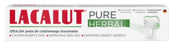 Lacalut Pure Herbal pasta do zębów, białe pudełko. Widok z przodu, czerwone logo, zielony napis, 98% naturalnych składników.