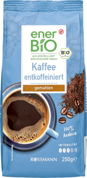 Niebieskie opakowanie kawy Ener Bio entkoffeiniert 250g, 100% Arabica, z filiżanką kawy i ziarnami.