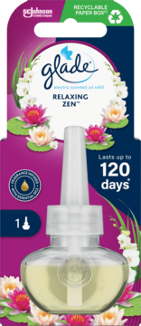 Glade Relaxing Zen elektryczny wkład 120 dni, fioletowe opakowanie z liliami i zielonym recyklingowym nagłówkiem.