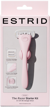 Estrid The Razor Starter Kit: pink five-blade razor, 2 cartridges, and steel wall holder, boxed, front view.