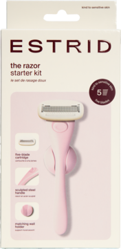 Estrid The Razor Starter Kit, różowa maszynka z 5 ostrzami i uchwytem ściennym, do skóry wrażliwej, widok z przodu.