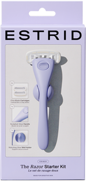 Estrid The Razor Starter Kit w fioletowym pudełku: fioletowa maszynka, 2 wkłady i uchwyt ścienny, widok z przodu.