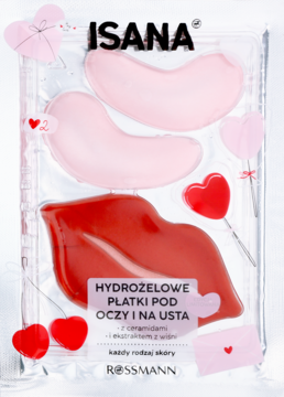 ISANA hydrożelowe płatki: różowe serca pod oczy, czerwone na usta, z ceramidami w przezroczystym opakowaniu.