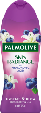 Palmolive Skin Radiance żel pod prysznic z kwasem hialuronowym, borówka i lilia, fioletowa butelka, widok z przodu.