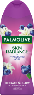 Palmolive Skin Radiance Blueberry & Lily żel pod prysznic z kwasem hialuronowym w fioletowej butelce.