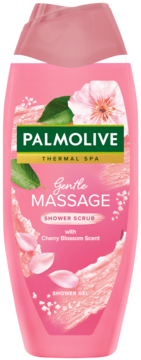 Różowa butelka Palmolive Thermal Spa Gentle Massage, peelingujący żel pod prysznic o zapachu wiśni, widok z przodu.