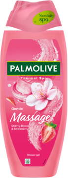 Różowy żel pod prysznic Palmolive Thermal Spa Gentle Massage Cherry Blossom & Strawberry, widok z przodu.