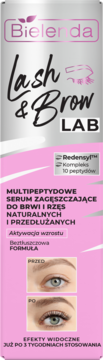 Bielenda Lash & Brow LAB multi-peptydowe serum do brwi i rzęs. Srebrno-różowe pudełko z efektami PRZED/PO.