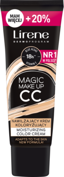 Lirene Magic Make Up CC nawilżający krem koloryzujący z błękitną algą i witaminą E, w czarnej tubce, widok z przodu.